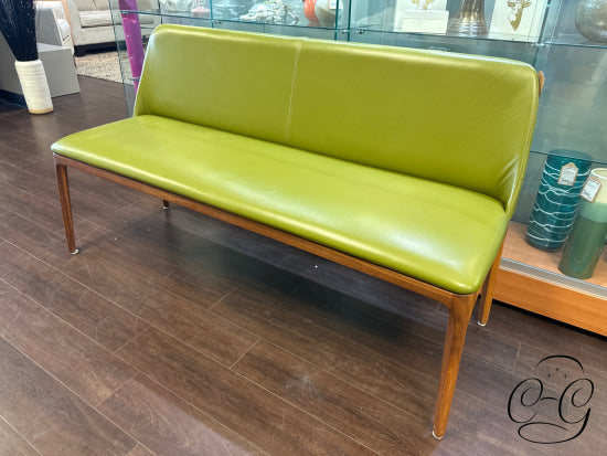 Pistachio Green Leather Bench With Back Walnut Frame/Legs