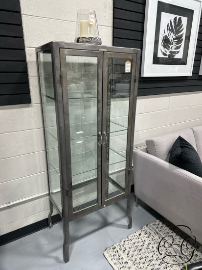 Raw Finish Metal 2 Door Glass/Metal Cabinet 26x16x64’’ Cabinet