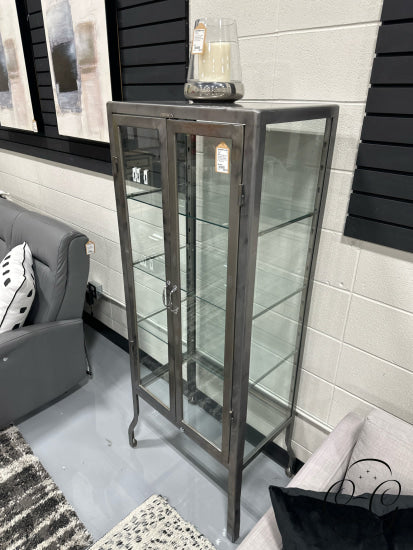Raw Finish Metal 2 Door Glass/Metal Cabinet 26x16x64’’ Cabinet