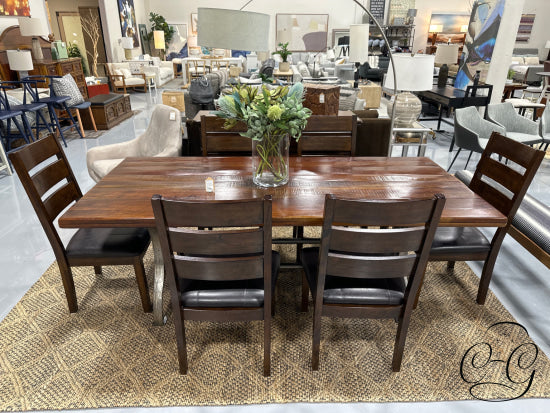 Rect. Brown Rustic Top Dining Table Wrought Iron Base 6 Chairs W/Brown Seats And