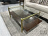 Rect. Glass Top Brown Wood Coffee Table W/Brushed Gold Base & Legs