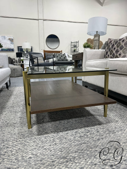 Rect. Glass Top Brown Wood Coffee Table W/Brushed Gold Base & Legs