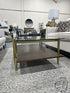 Rect. Glass Top Brown Wood Coffee Table W/Brushed Gold Base & Legs