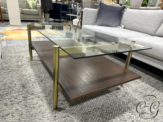 Rect. Glass Top Brown Wood Coffee Table W/Brushed Gold Base & Legs
