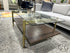 Rect. Glass Top Brown Wood Coffee Table W/Brushed Gold Base & Legs