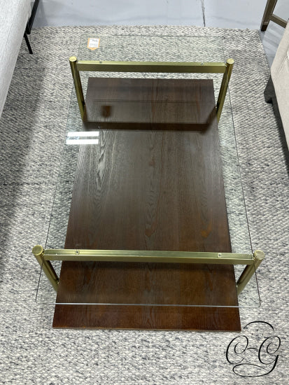 Rect. Glass Top Brown Wood Coffee Table W/Brushed Gold Base & Legs