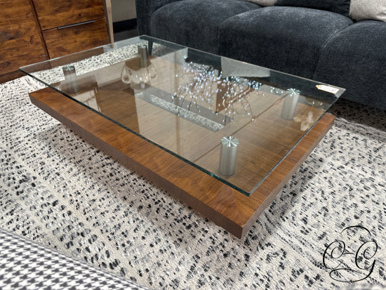 Rectangular Glass Top Coffee Table W/Walnut Finish Base Cut Out Design