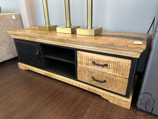 Rough Cut Mango Wood & Black Metal Low Media Stand With Shelving 2 Drawers Entertainment