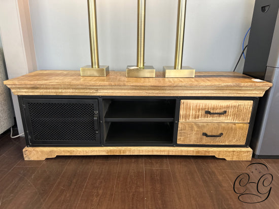 Rough Cut Mango Wood & Black Metal Low Media Stand With Shelving 2 Drawers Entertainment