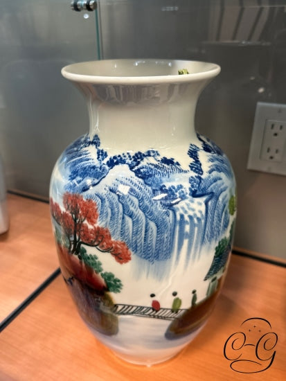 Round Asian Design White Vase With Painted Village