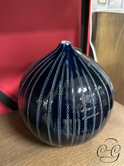 Round Black Ceramic Bud Vase With Blue Line Pattern Exterior 8x9’’ Vase