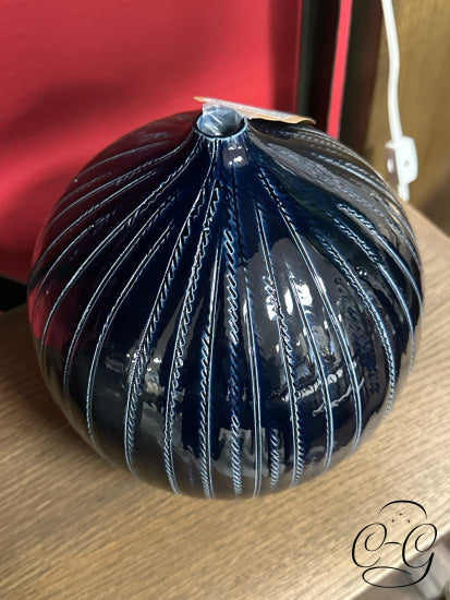 Round Black Ceramic Bud Vase With Blue Line Pattern Exterior 8x9’’ Vase