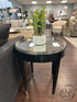 Round Black End Table With Polished Nickel Trimmed Mirrored Top 21x26’’ End