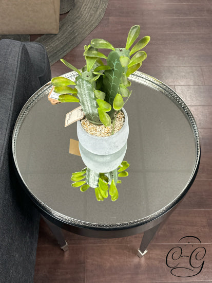Round Black End Table With Polished Nickel Trimmed Mirrored Top 21x26’’ End
