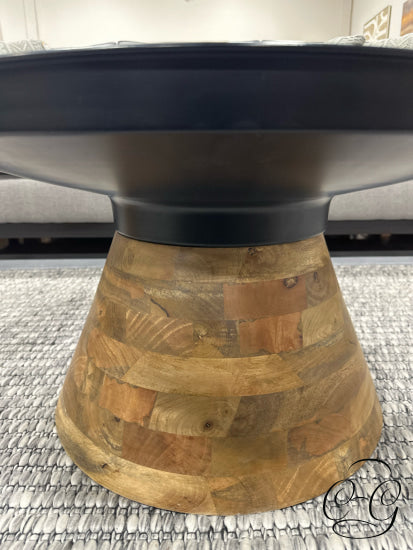 Round Black Iron Top Accent Table W/Solid Mango Wood Base 30x17’’ Coffee