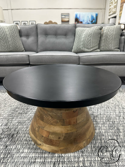 Round Black Iron Top Accent Table W/Solid Mango Wood Base 30x17’’ Coffee
