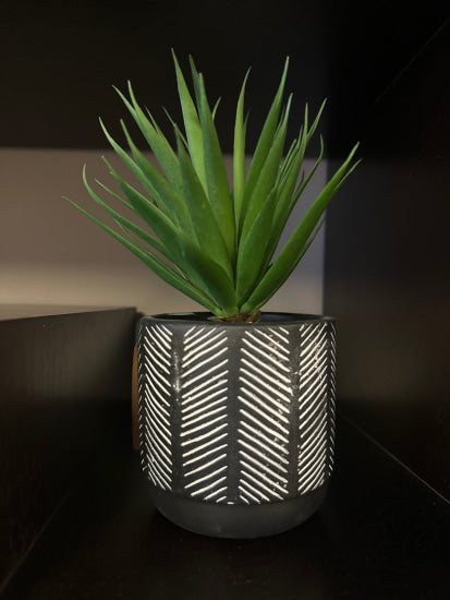 Round Black Pot With White Stripes Artificial Grass Greenery