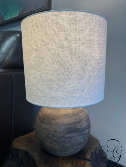 Round Brown Ceramic Wood Look Table Lamp With Tan Shade