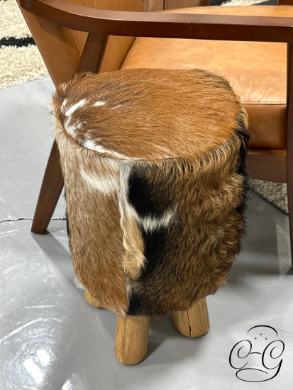 Round Brown Cow Hide Stool With 4 Blonde Finish Legs Home Decor