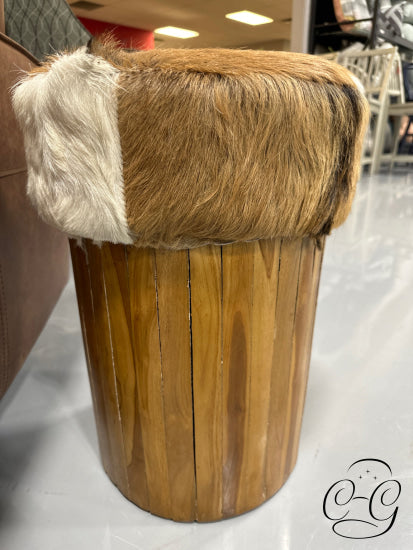 Round Brown Cow Hide Stool With Wood Base Home Decor