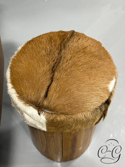 Round Brown Cow Hide Stool With Wood Base Home Decor