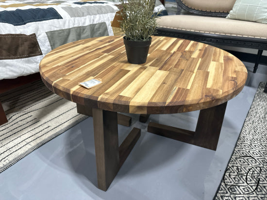 Round Butcher Block Acacia Wood Coffee Table W/Walnut Legs 36x18’’ Coffee