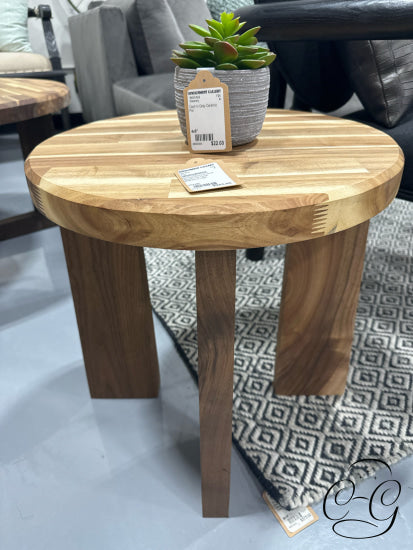 Round Butcher Block Acacia Wood End Table W/Walnut Legs 17x18’’ End