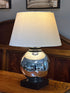 Round Chrome Finish Body Table Lamp W/Dk Brown Square Wood Base Beige Shade