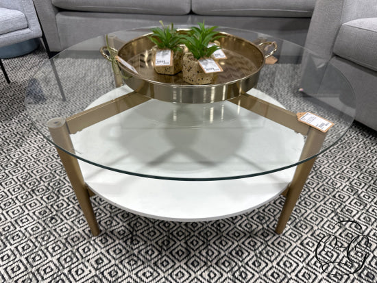 Round Coffee Table With Glass Top White Shelf Gold Metal Base