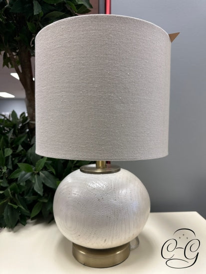 Round Cream Wood W/Gold Base Table Lamp With Tan Shade