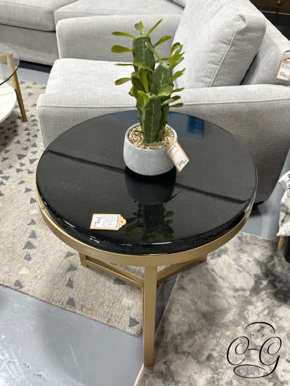 Round Dark Resin Top Accent Table W/Charred Cedar Inside’shou Sugi Ban’