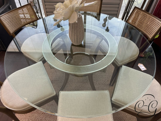 Round Glass Top Dining Table W/Antiqued Gold Finish Base 60x30’’ Dining Table Only