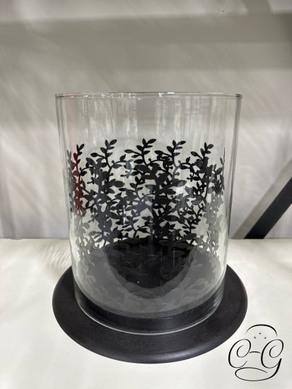 Round Glass & Vine Pattern Dark Metal W/Black Base Candleholder Home Decor