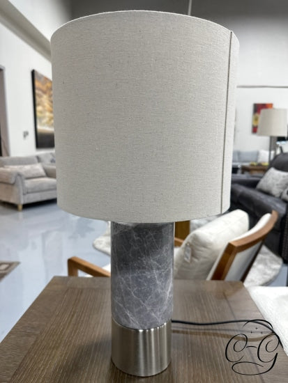 Round Grey/White Marble Table Lamp With Silver Metal Tan Shade