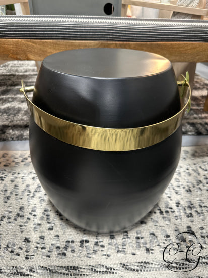 Round Matte Black Metal Side Table W/Polished Gold Handle Home Decor