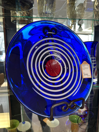 Round Royal Blue Glass Bowl W/White & Red Detailing Home Decor