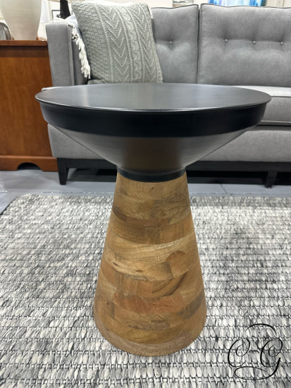 Round Tall Black Iron Top Accent Table W/Solid Mango Wood Base 17x22’’ Accent Table