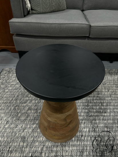 Round Tall Black Iron Top Accent Table W/Solid Mango Wood Base 17x22’’ Accent Table
