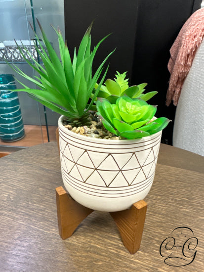 Round Tan With Brown Stripes Pot On Wood Stand Artificial Mixed Cacti Greenery