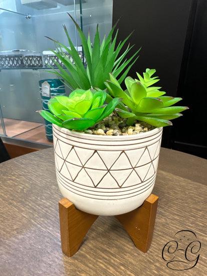 Round Tan With Brown Stripes Pot On Wood Stand Artificial Mixed Cacti Greenery