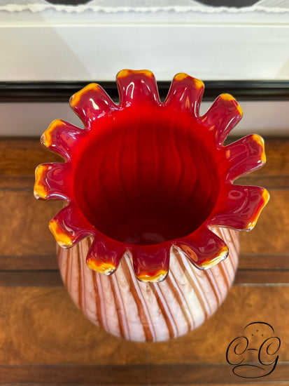 Round Vase With Red/Cream Lines Petal Like Opening