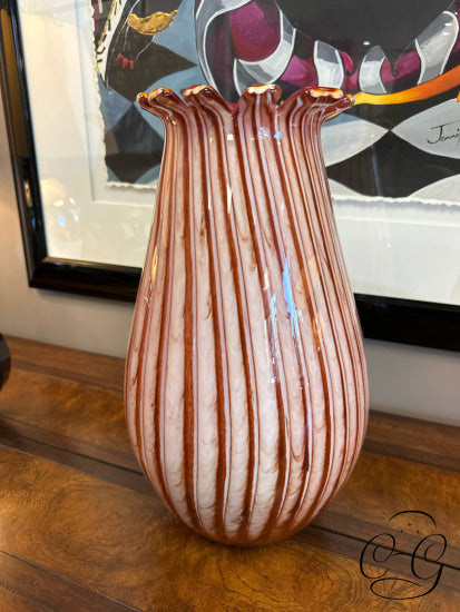 Round Vase With Red/Cream Lines Petal Like Opening