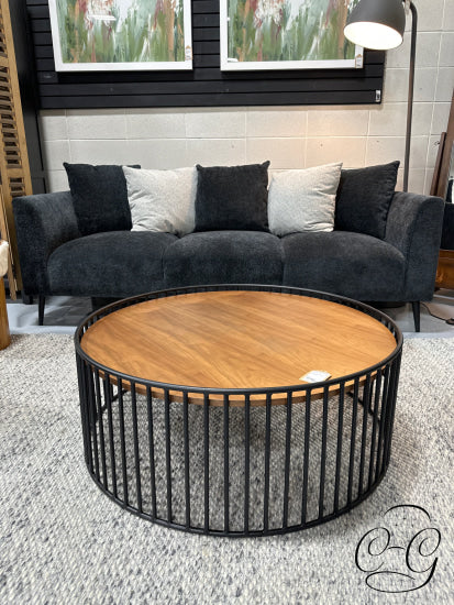 Round Walnut Top Coffee Table With Black Metal Base