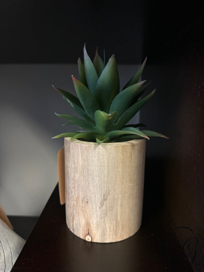 Round Wood Pot With Artificial Cactus Greenery