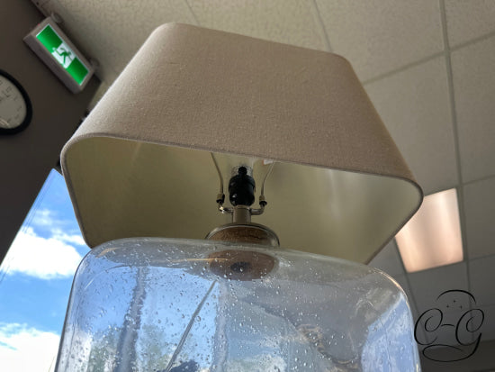 Rounded Square Bubble Glass Base Table Lamp With Tan Rect. Shade