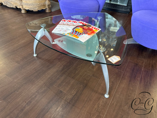 Rounded Triangle Glass Coffee Table W/Frosted Lower Shelf Curved Legs