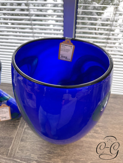 Royal Blue Handblown Glass Vase W/Green Black Swirl Design Home Decor