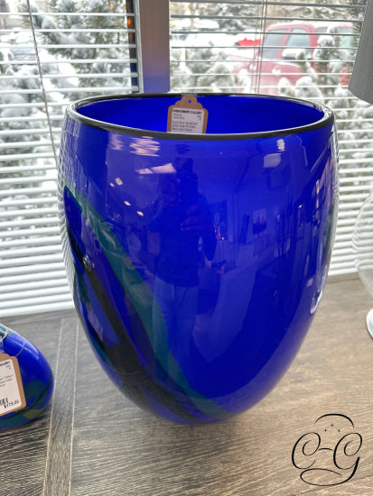 Royal Blue Handblown Glass Vase W/Green Black Swirl Design Home Decor