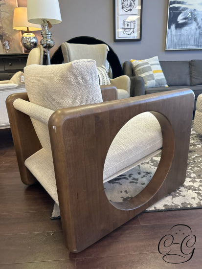 Rubberwood Arms/Base Sling Chair W/Wheat Upholstered Fabric Circle Design Sides