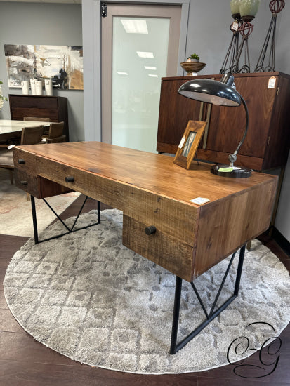 Rustic Reclaimed Peroba WD 4 Drawer Desk W/Black Steel Legs Back Display Space 63x29x31’’ Desk
